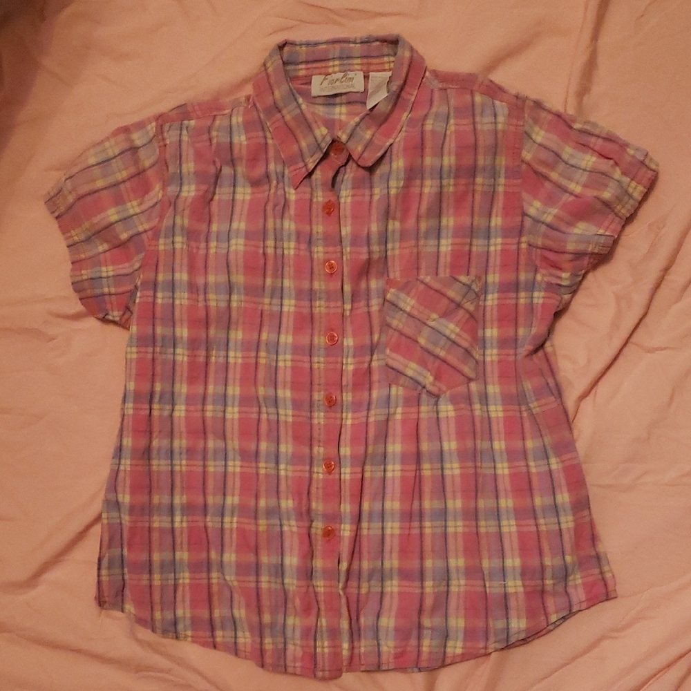 Girls' Fiorlini Pink and Yellow Button Down Shirt M
